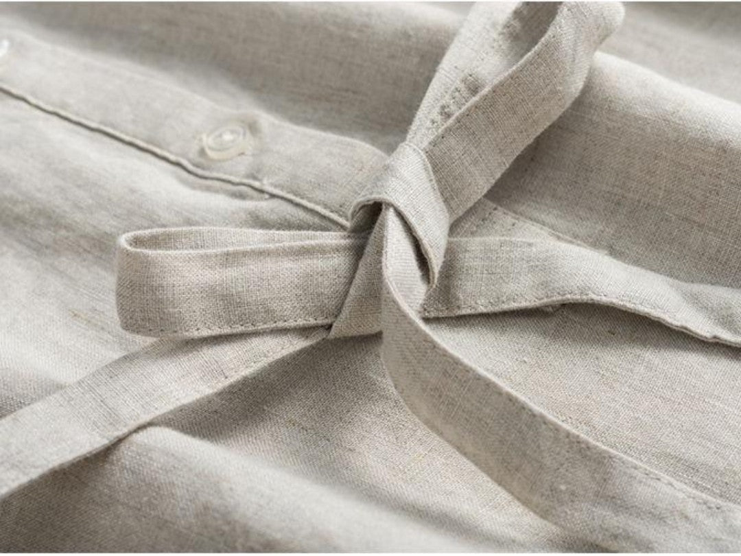 100% Linen A-Line Midi Dress Sleeveless Stand Collar Button Front Summer Casual Loose Fit Dress with Waist Tie